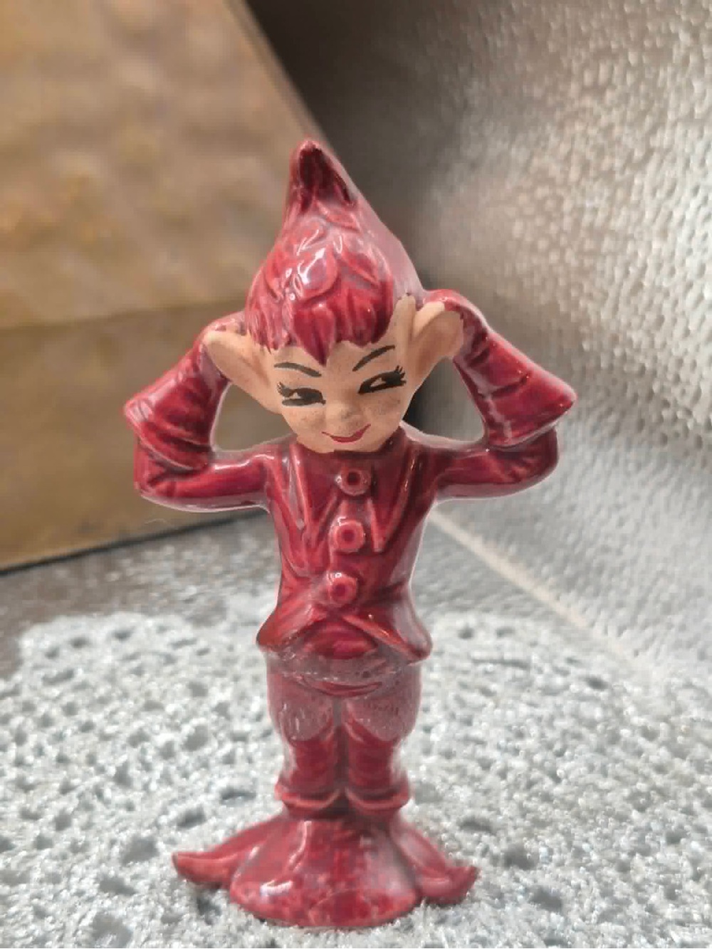 MCM Vintage Red Burgundy Gilner Pixie - 1950s Christmas Elf Standing in Leaf Hat